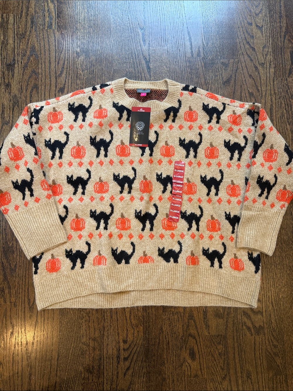 Vince Camuto Beige Crewneck Sweater with Orange Pumpkins & Black Cats